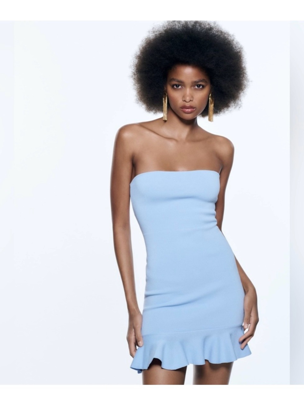 Zara Strapless Light Blue Mini Dress with Ruffle Hem